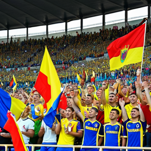 Home 24 **A packed Moldovan stadium during a football match:** Capture the excitement with cheering fans, waving flags, and players in action on the field. Emphasize the national team's colors and the energy of the crowd.