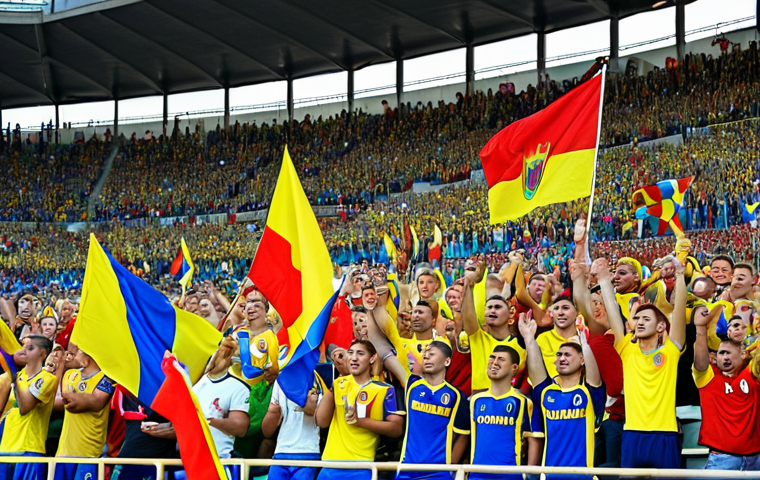 **A packed Moldovan stadium during a football match:** Capture the excitement with cheering fans, waving flags, and players in action on the field. Emphasize the national team's colors and the energy of the crowd.
