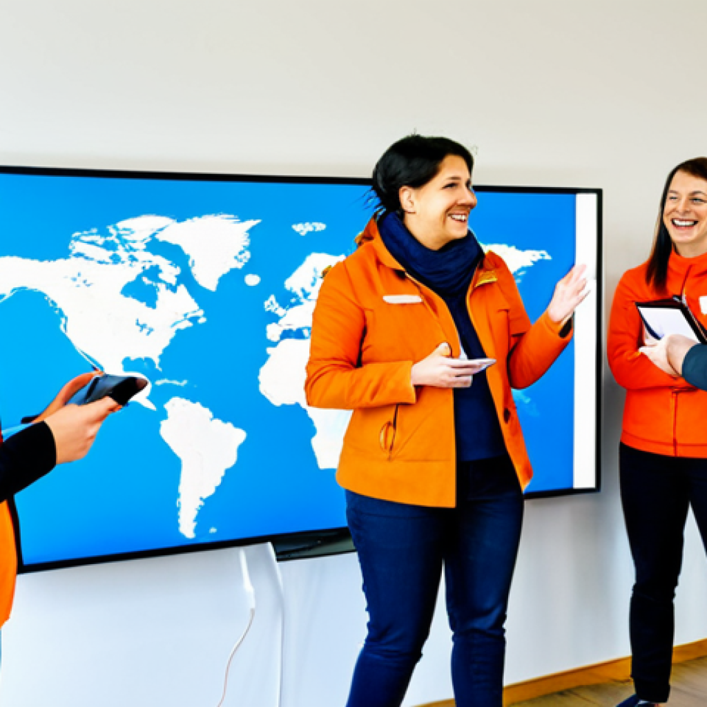 A diverse group of professional individuals, including volunteers and potential adopters, fully clothed in modest, appropriate attire, gathered in a bright, modern animal shelter reception area. They are interacting with large screens displaying vibrant profiles of happy, healthy rescued dogs and cats from a Moldovan animal sanctuary. One person holds a tablet showing a video call with a friendly, wagging-tailed dog, symbolizing global virtual adoptions. Another points to an illuminated world map on a digital display, highlighting global connections and crowdfunding efforts for animal welfare. The animals shown are well-groomed and naturally posed, conveying hope and connection. safe for work, appropriate content, family-friendly, perfect anatomy, correct proportions, natural pose, well-formed hands, proper finger count, natural body proportions, professional photography, high quality.