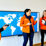 A diverse group of professional individuals, including volunteers and potential adopters, fully clothed in modest, appropriate attire, gathered in a bright, modern animal shelter reception area. They are interacting with large screens displaying vibrant profiles of happy, healthy rescued dogs and cats from a Moldovan animal sanctuary. One person holds a tablet showing a video call with a friendly, wagging-tailed dog, symbolizing global virtual adoptions. Another points to an illuminated world map on a digital display, highlighting global connections and crowdfunding efforts for animal welfare. The animals shown are well-groomed and naturally posed, conveying hope and connection. safe for work, appropriate content, family-friendly, perfect anatomy, correct proportions, natural pose, well-formed hands, proper finger count, natural body proportions, professional photography, high quality.