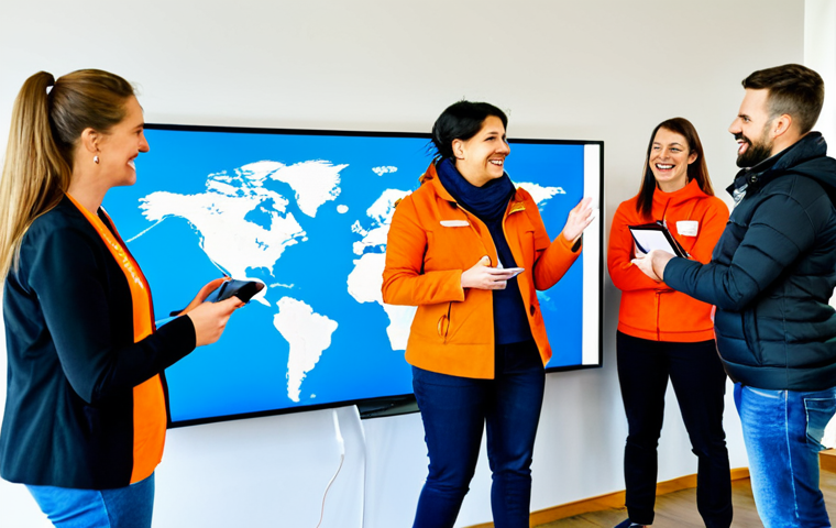 A diverse group of professional individuals, including volunteers and potential adopters, fully clothed in modest, appropriate attire, gathered in a bright, modern animal shelter reception area. They are interacting with large screens displaying vibrant profiles of happy, healthy rescued dogs and cats from a Moldovan animal sanctuary. One person holds a tablet showing a video call with a friendly, wagging-tailed dog, symbolizing global virtual adoptions. Another points to an illuminated world map on a digital display, highlighting global connections and crowdfunding efforts for animal welfare. The animals shown are well-groomed and naturally posed, conveying hope and connection. safe for work, appropriate content, family-friendly, perfect anatomy, correct proportions, natural pose, well-formed hands, proper finger count, natural body proportions, professional photography, high quality.