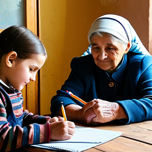 Home 10 A kind-faced Moldovan grandmother, fully clothed in modest, traditional attire, is gently assisting her young grandchild with school supplies at a simple, sturdy wooden table in their warm, sunlit village home. The scene is filled with a sense of quiet hope and intergenerational support. The image is safe for work, appropriate content, family-friendly, with perfect anatomy, correct proportions, natural pose, well-formed hands, proper finger count, natural body proportions, professional photography, high quality.