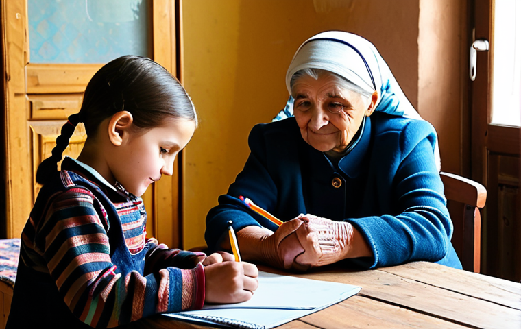 A kind-faced Moldovan grandmother, fully clothed in modest, traditional attire, is gently assisting her young grandchild with school supplies at a simple, sturdy wooden table in their warm, sunlit village home. The scene is filled with a sense of quiet hope and intergenerational support. The image is safe for work, appropriate content, family-friendly, with perfect anatomy, correct proportions, natural pose, well-formed hands, proper finger count, natural body proportions, professional photography, high quality.