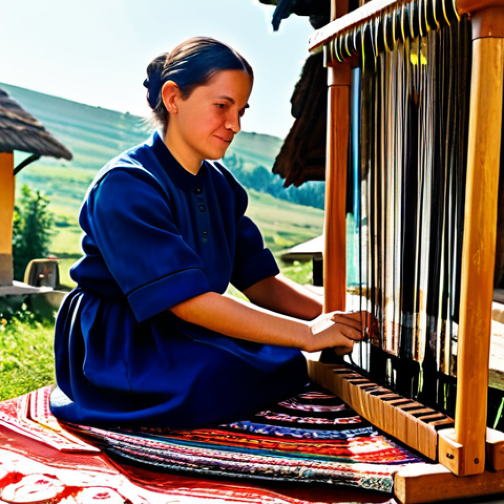 Weaver at Work**

"A Moldovan woman, fully clothed in traditional, modest clothing, sitting at a wooden loom in a sunlit village courtyard. She is weaving a colorful "covor" rug with intricate patterns. In the background, traditional Moldovan houses. Perfect anatomy, well-formed hands, correct proportions, natural pose, professional photography, vibrant colors, safe for work, appropriate content, family-friendly, high quality."

**