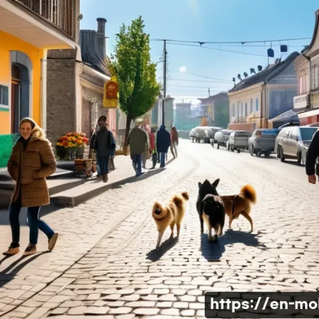 몰도바 애완동물 문화 - A lively Moldovan neighborhood street scene featuring friendly dogs of various breeds, including Car...