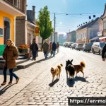 몰도바 애완동물 문화 - A lively Moldovan neighborhood street scene featuring friendly dogs of various breeds, including Car...