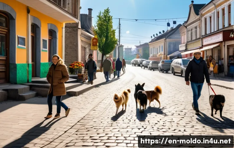 몰도바 애완동물 문화 - A lively Moldovan neighborhood street scene featuring friendly dogs of various breeds, including Car...