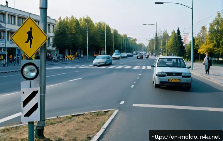 몰도바 도로 교통법 - A detailed urban street scene in Moldova during daytime, showing a busy city road with clearly visib...