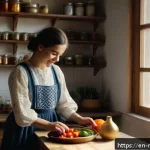 몰도바 유명 유튜버 - A warm, inviting Moldovan kitchen scene where a young female YouTuber in casual modern clothes with ...