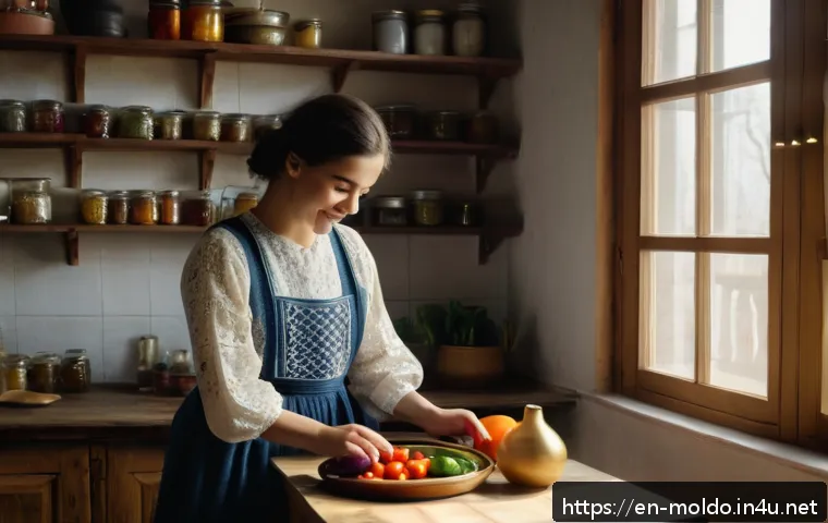 몰도바 유명 유튜버 - A warm, inviting Moldovan kitchen scene where a young female YouTuber in casual modern clothes with ...